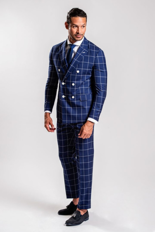 Double-breasted blue and white checked suit | Creazioni Baleani